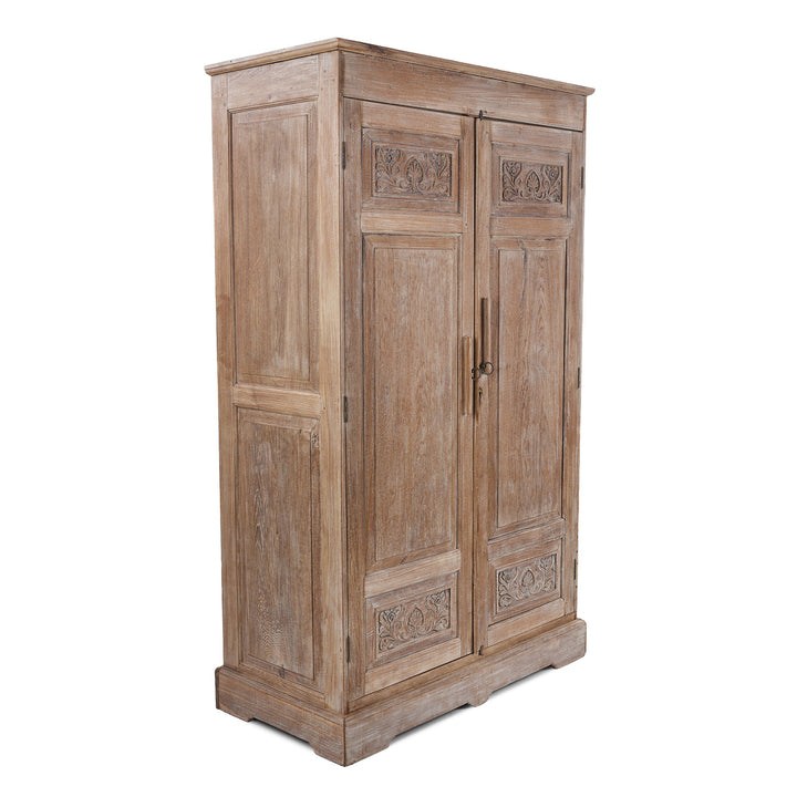 Angled View Of 19Th Century Indian Limed Wood Wardrobe With Carved Panels Internal Compartments Drawer And Hanger Rail
