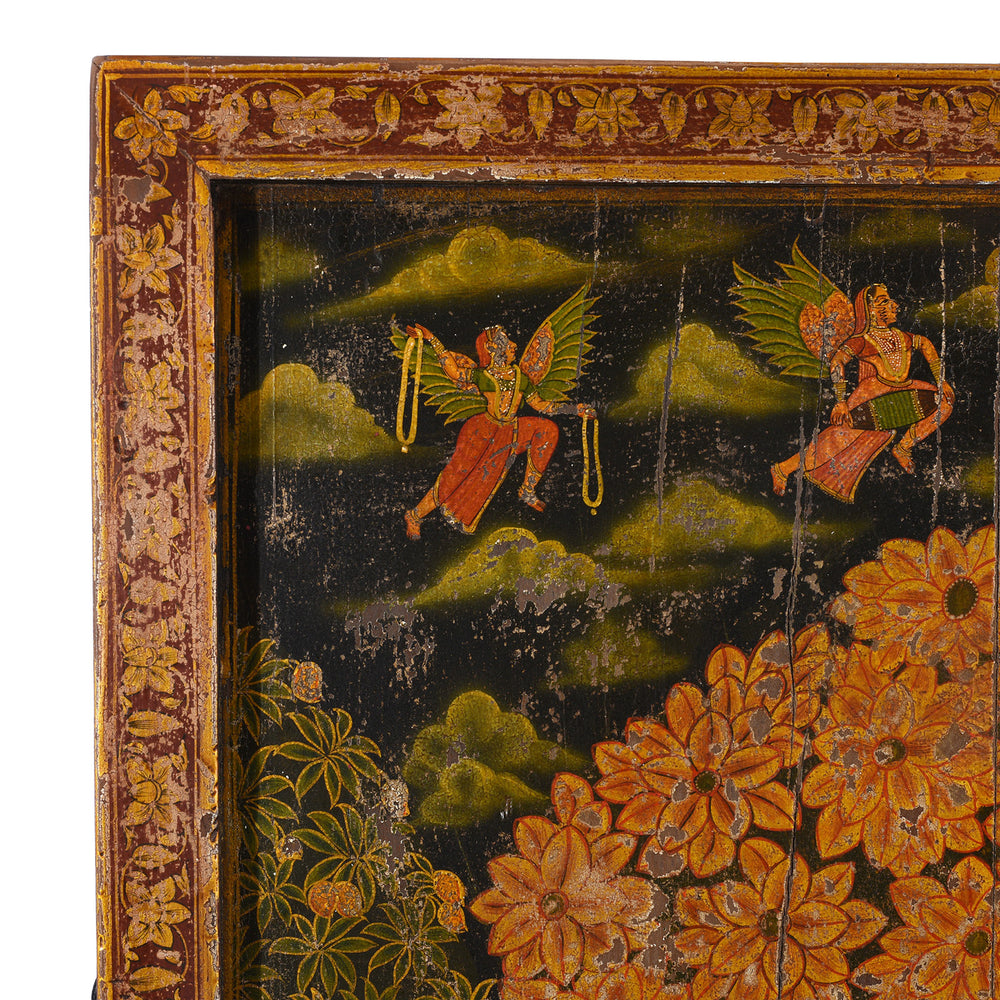 Corner Detail From Modern Painted Wooden Pichwai Panel With Sacred Tree Attendant Deities And Nandi Bulls | Indigo Antiques