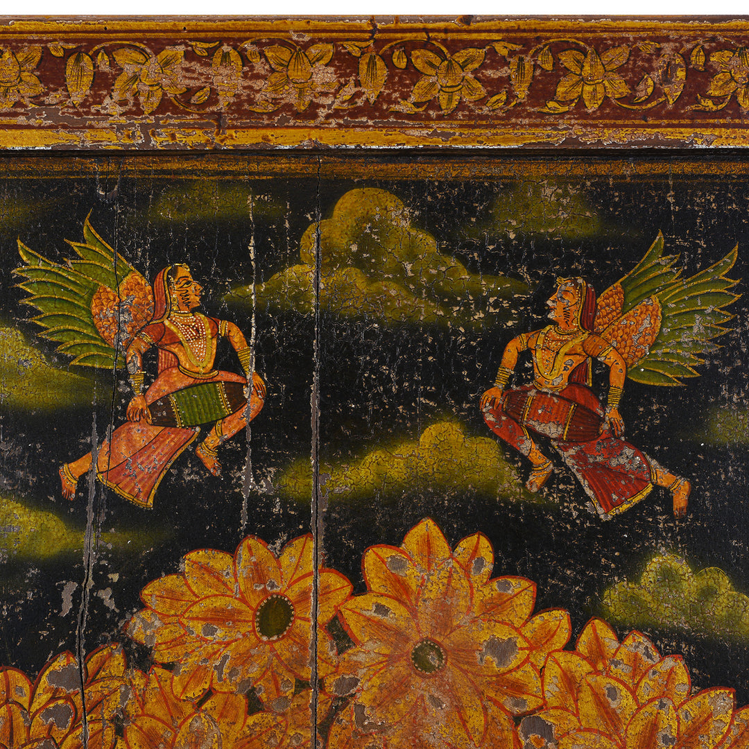 Diety Detail From Modern Painted Wooden Pichwai Panel With Sacred Tree Attendant Deities And Nandi Bulls | Indigo Antiques