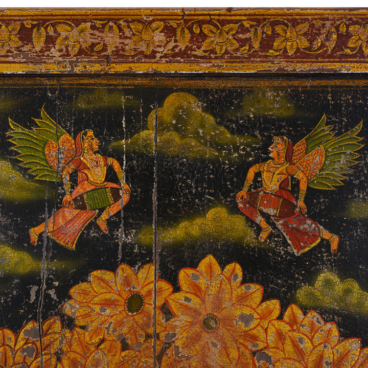 Diety Detail From Modern Painted Wooden Pichwai Panel With Sacred Tree Attendant Deities And Nandi Bulls | Indigo Antiques