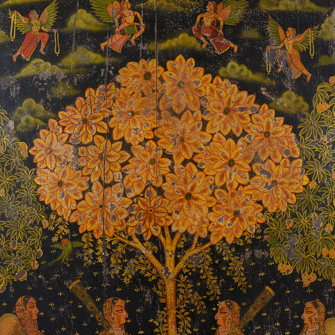 Tree Artwork Detail From Modern Painted Wooden Pichwai Panel With Sacred Tree Attendant Deities And Nandi Bulls | Indigo Antiques