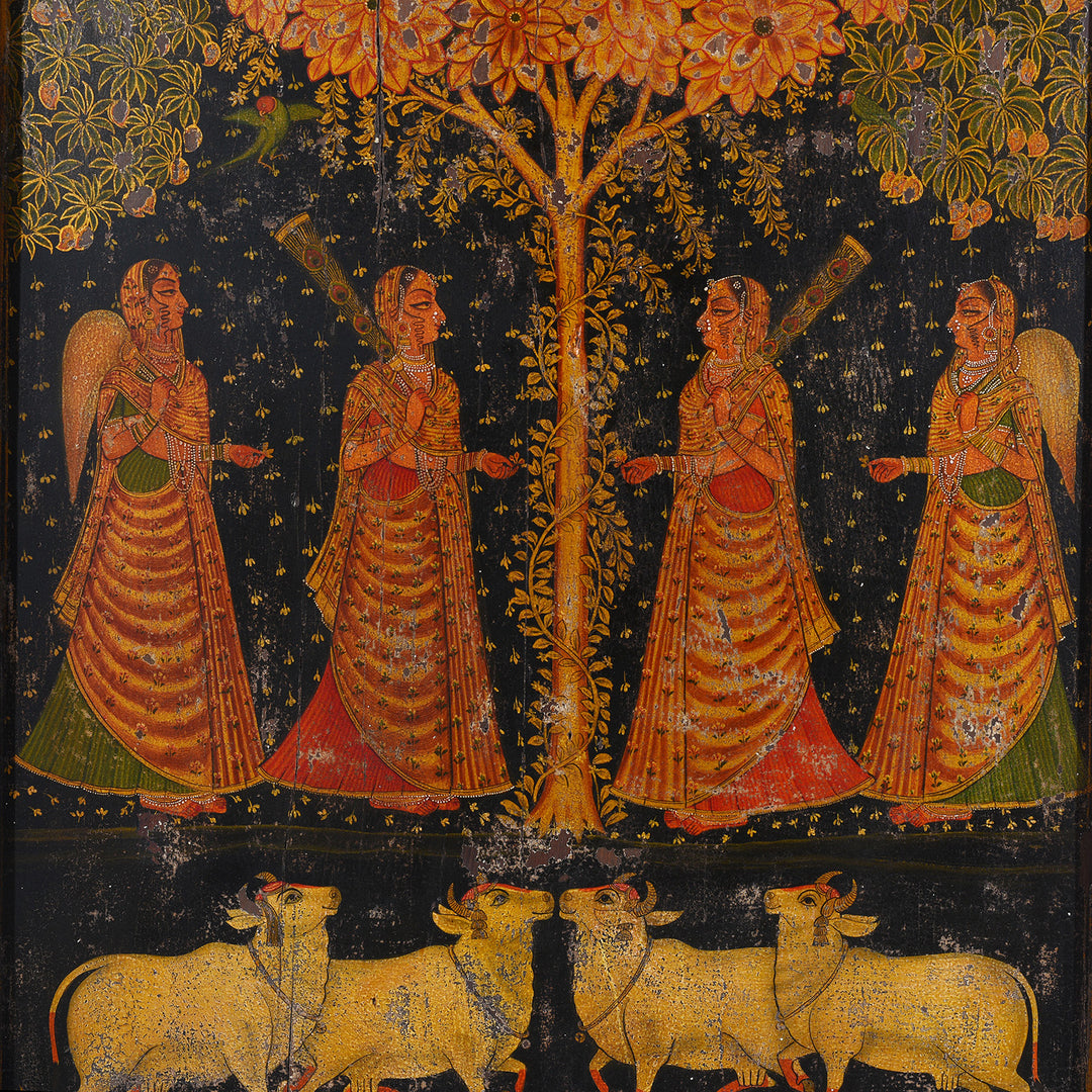 Diety Detail From Modern Painted Wooden Pichwai Panel With Sacred Tree Attendant Deities And Nandi Bulls | Indigo Antiques