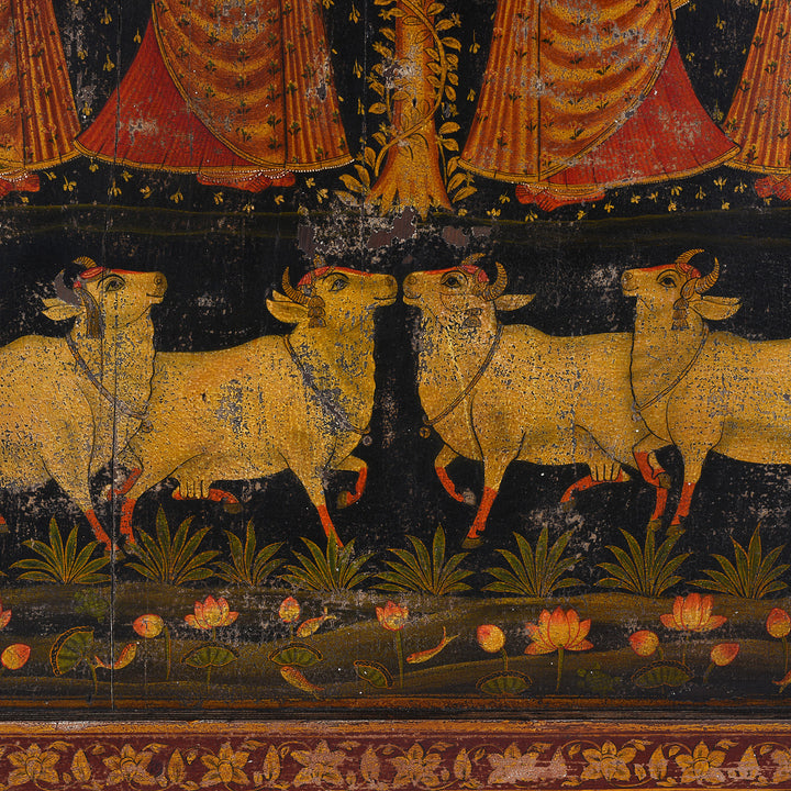 Nandi Detail From Modern Painted Wooden Pichwai Panel With Sacred Tree Attendant Deities And Nandi Bulls | Indigo Antiques