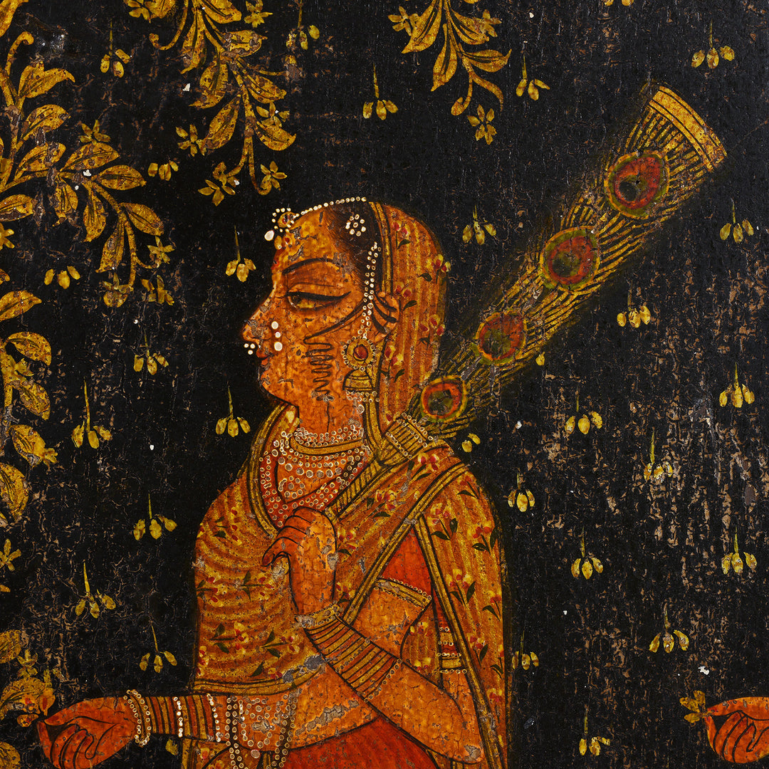 Artwork Detail From Modern Painted Wooden Pichwai Panel With Sacred Tree Attendant Deities And Nandi Bulls | Indigo Antiques