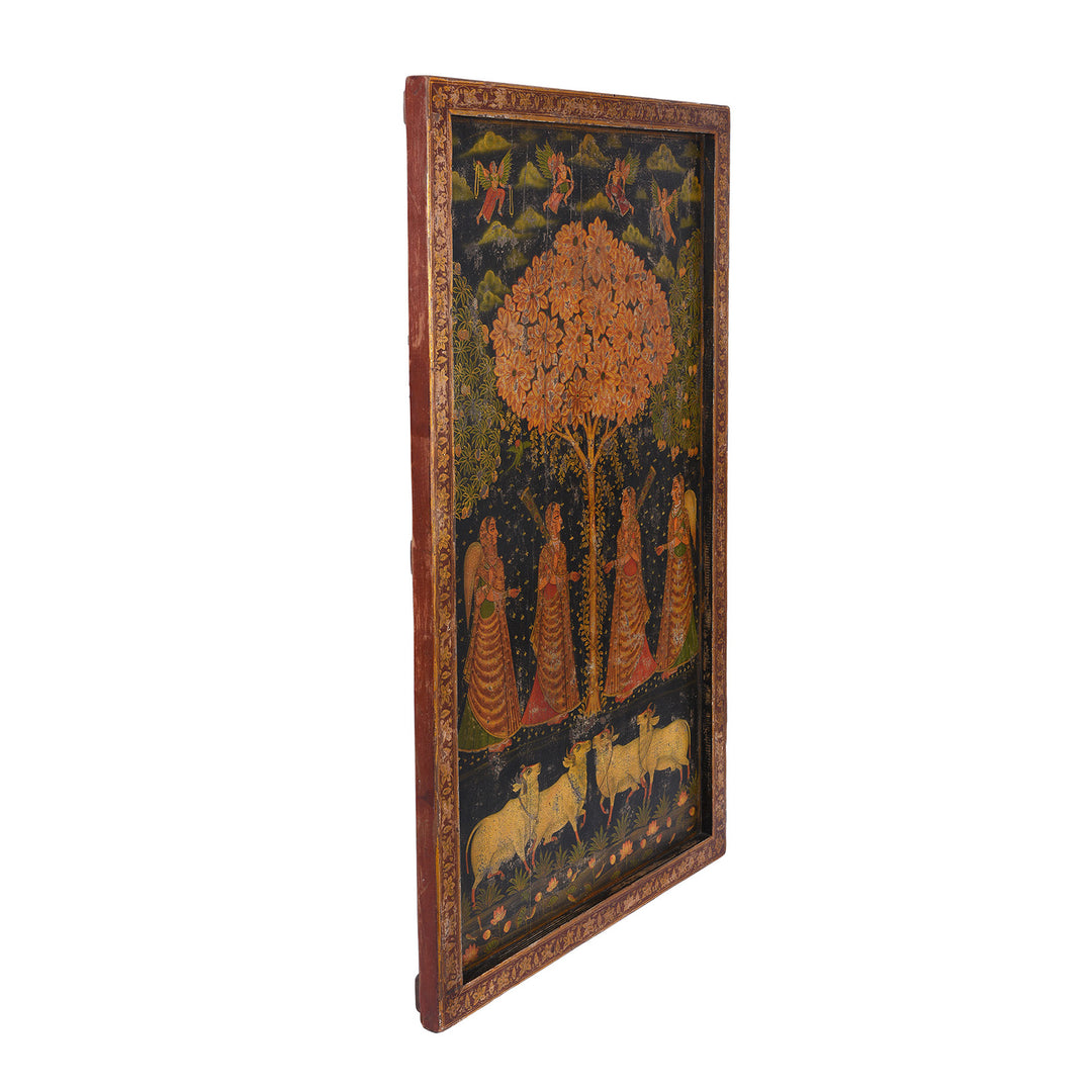 Depth Detail From Modern Painted Wooden Pichwai Panel With Sacred Tree Attendant Deities And Nandi Bulls | Indigo Antiques
