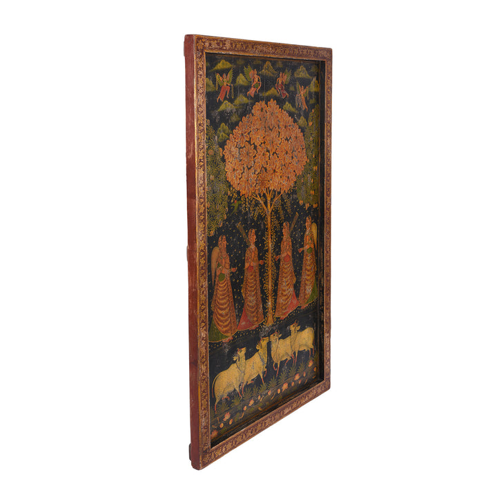 Depth Detail From Modern Painted Wooden Pichwai Panel With Sacred Tree Attendant Deities And Nandi Bulls | Indigo Antiques