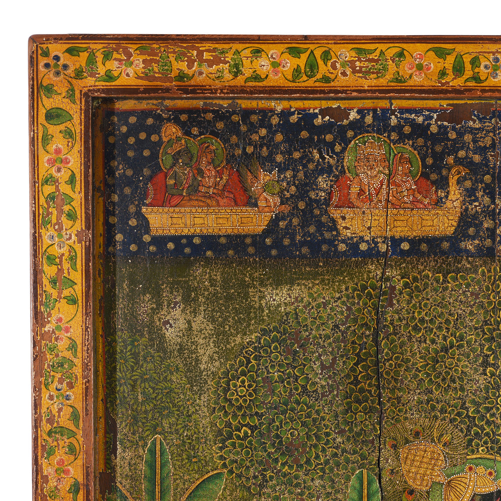 Corner Detail Showing Artwork On Modern Painted Wooden Pichwai Panel Depicting Krishna With Nandi Bulls And Attendant Deities | Indigo Antiques
