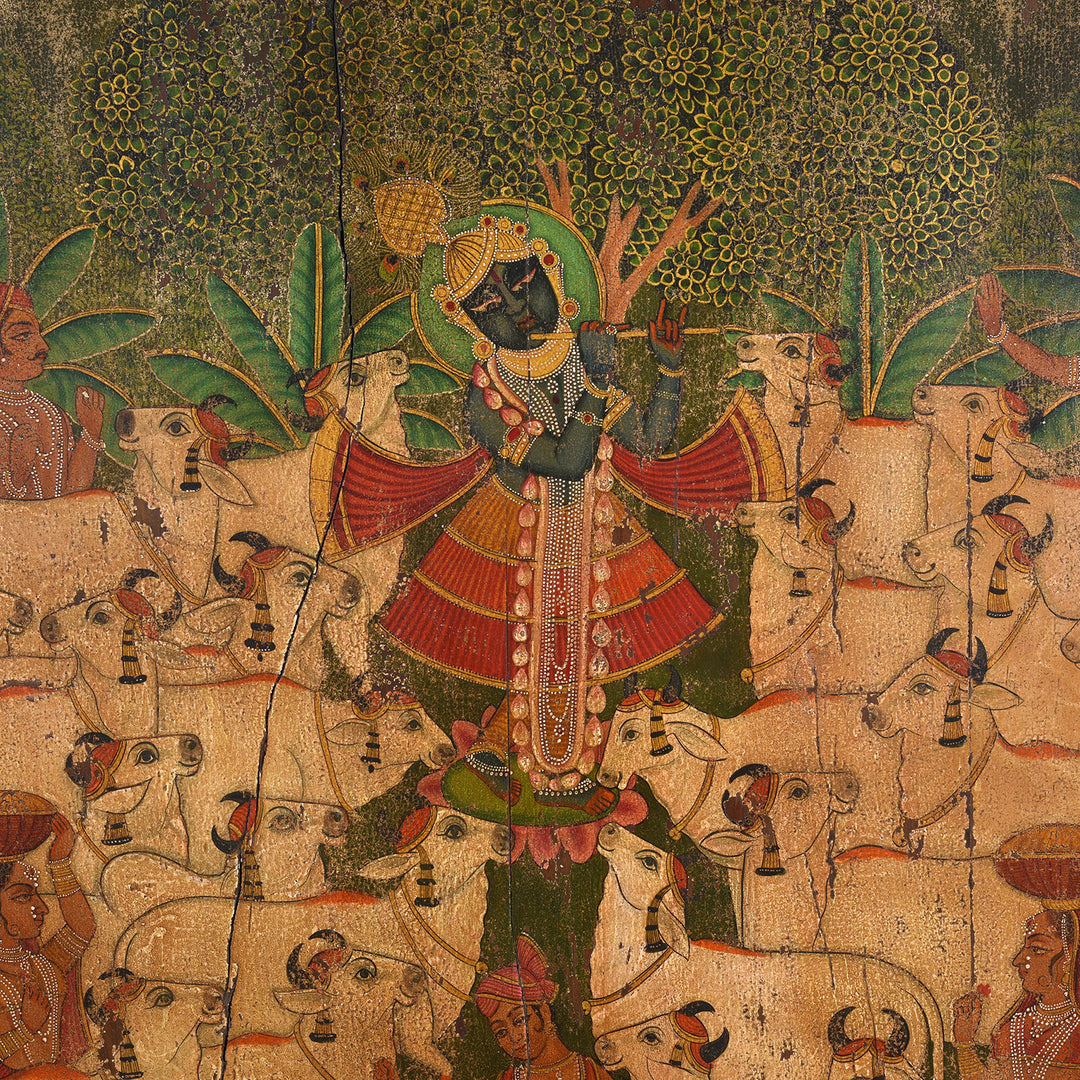 Detail Of Krishna On Modern Painted Wooden Pichwai Panel Depicting Krishna With Nandi Bulls And Attendant Deities | Indigo Antiques