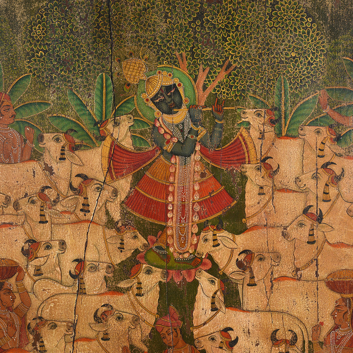 Detail Of Krishna On Modern Painted Wooden Pichwai Panel Depicting Krishna With Nandi Bulls And Attendant Deities | Indigo Antiques