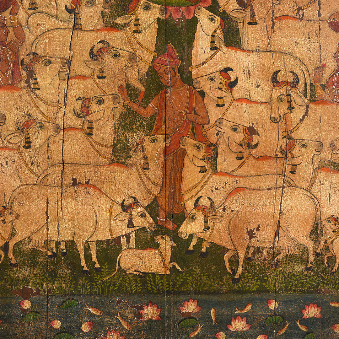 Detail From Modern Painted Wooden Pichwai Panel Depicting Krishna With Nandi Bulls And Attendant Deities | Indigo Antiques