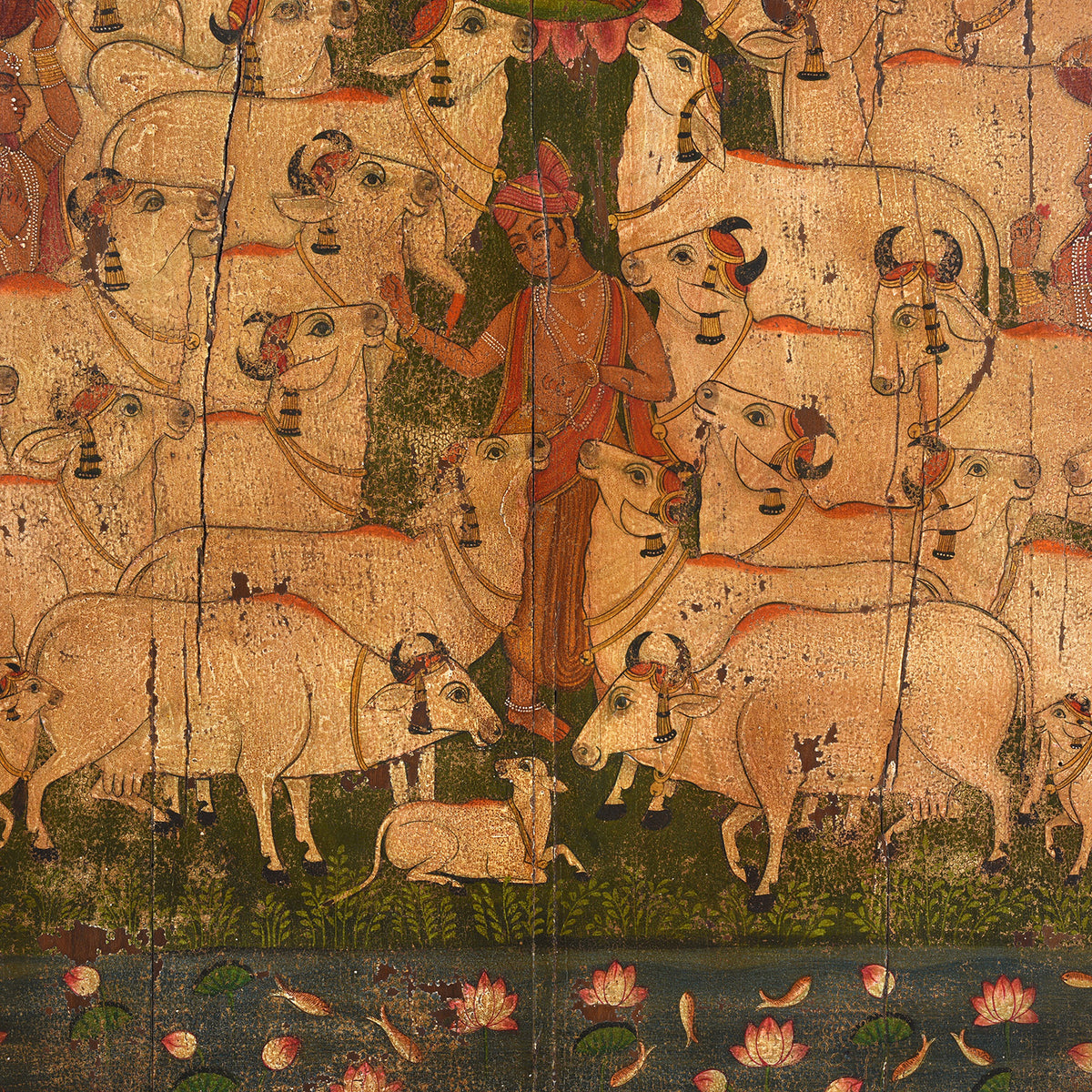 Detail From Modern Painted Wooden Pichwai Panel Depicting Krishna With Nandi Bulls And Attendant Deities | Indigo Antiques