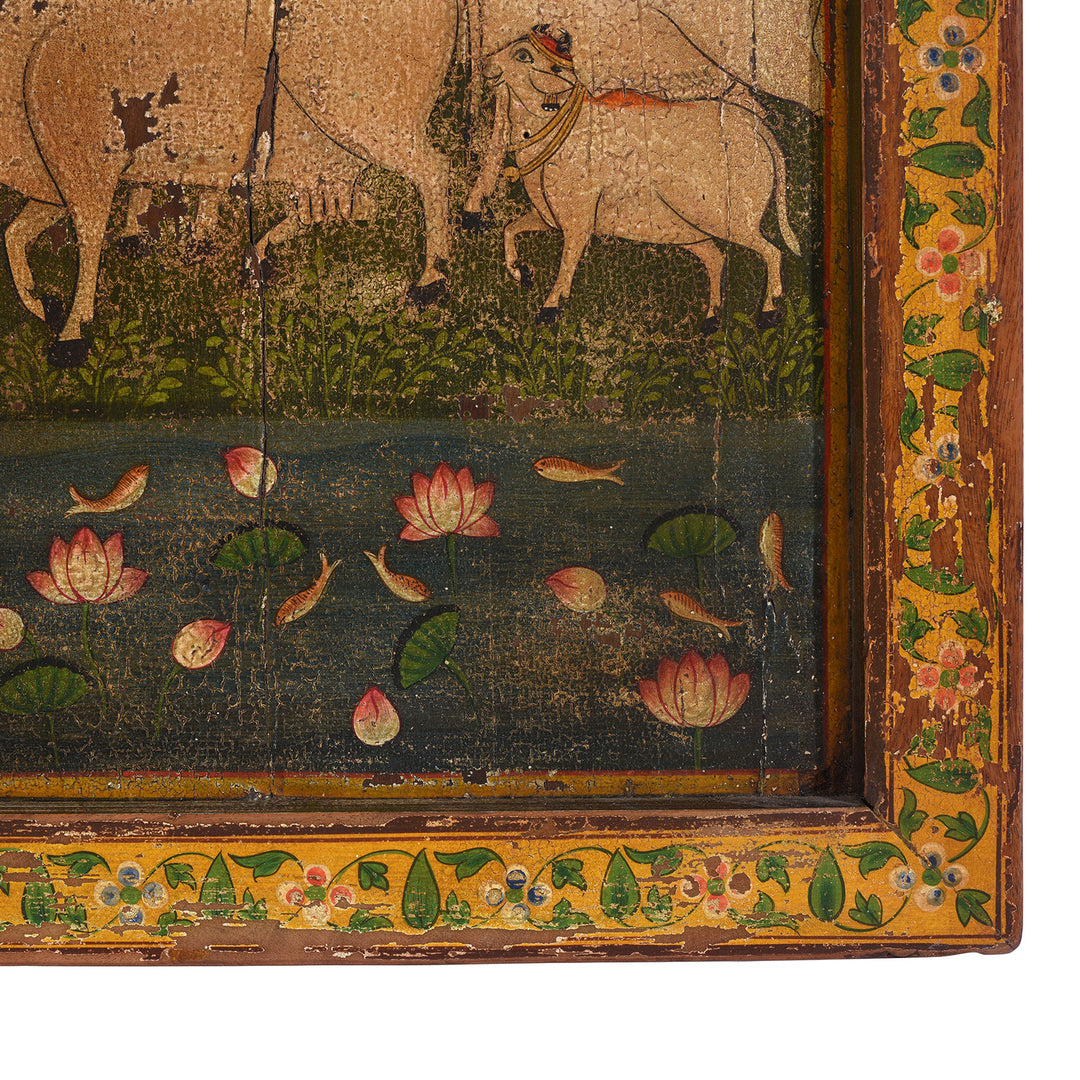 Fish Artwork Detail From Modern Painted Wooden Pichwai Panel Depicting Krishna With Nandi Bulls And Attendant Deities | Indigo Antiques
