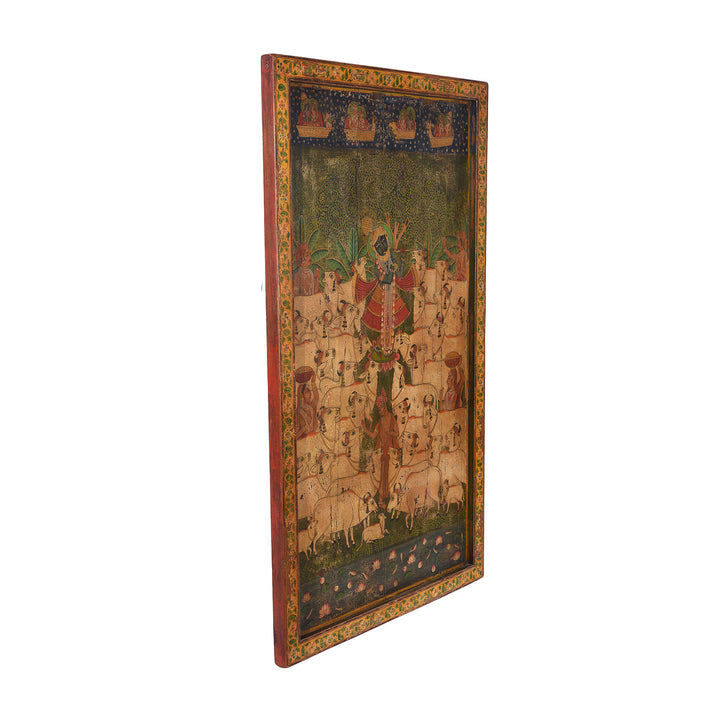 Depth View Of Modern Painted Wooden Pichwai Panel Depicting Krishna With Nandi Bulls And Attendant Deities | Indigo Antiques