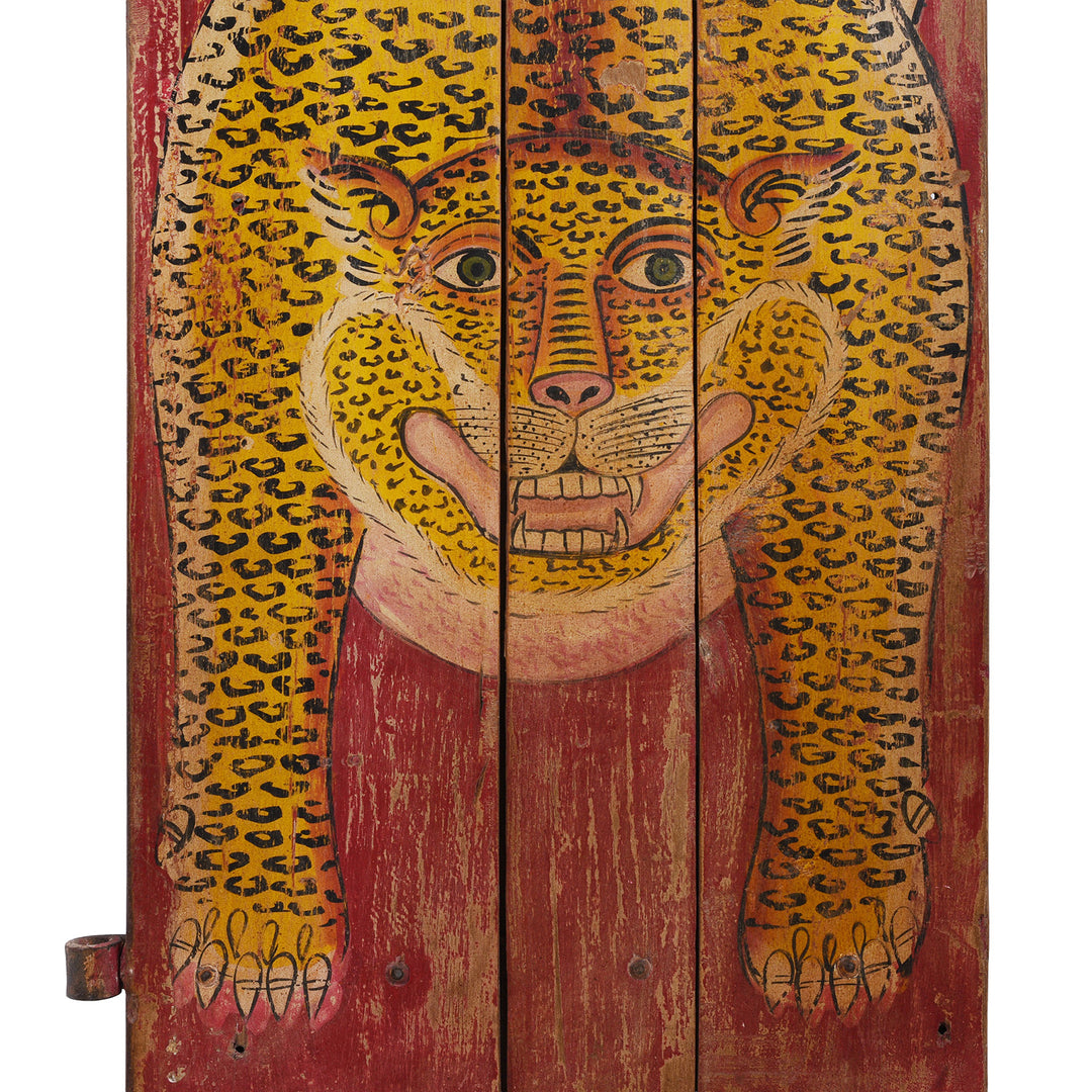 Face Detail From Vintage Red Painted Leopard Panel | INDIGO ANTIQUES