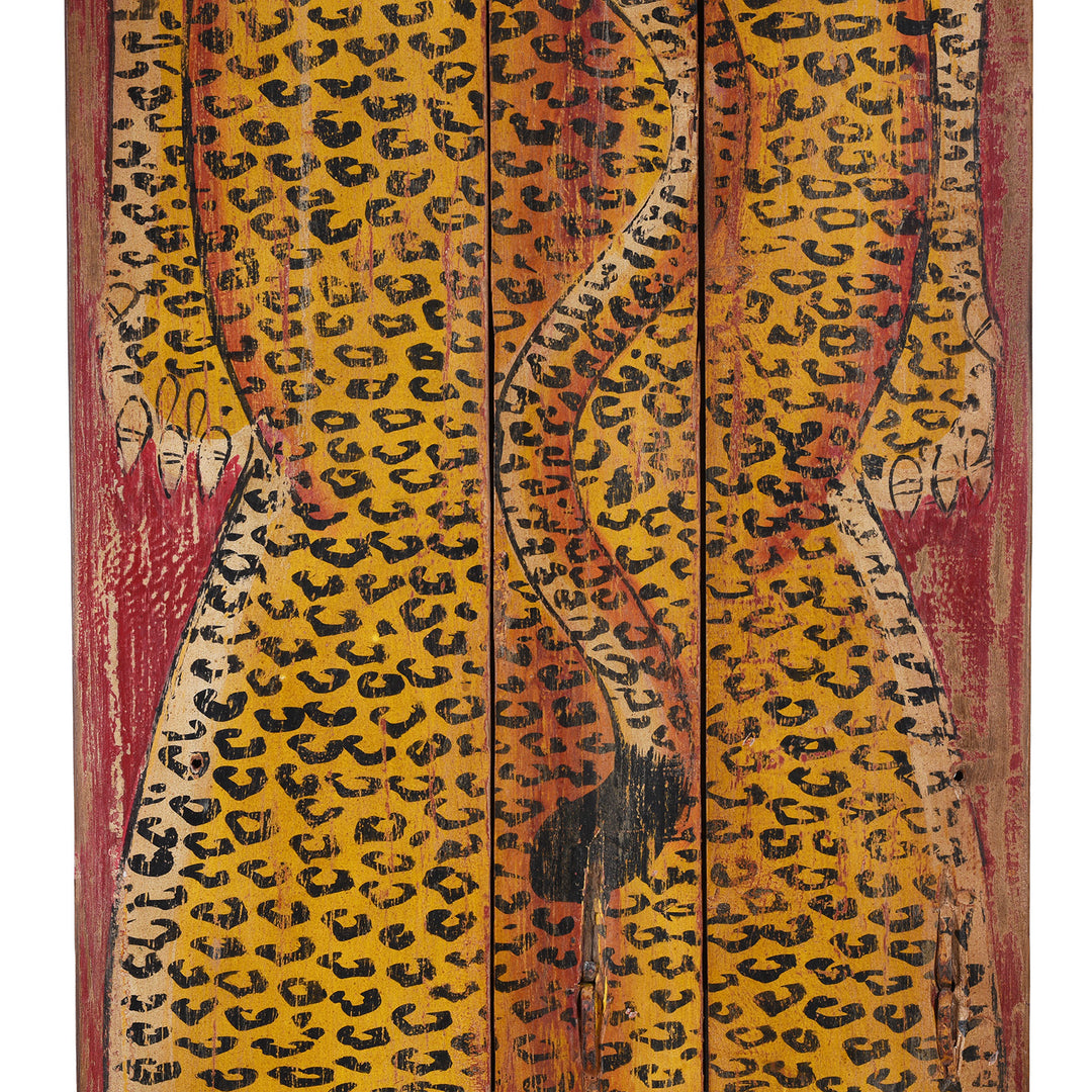 Paintwork Detail From Vintage Red Painted Leopard Panel | INDIGO ANTIQUES