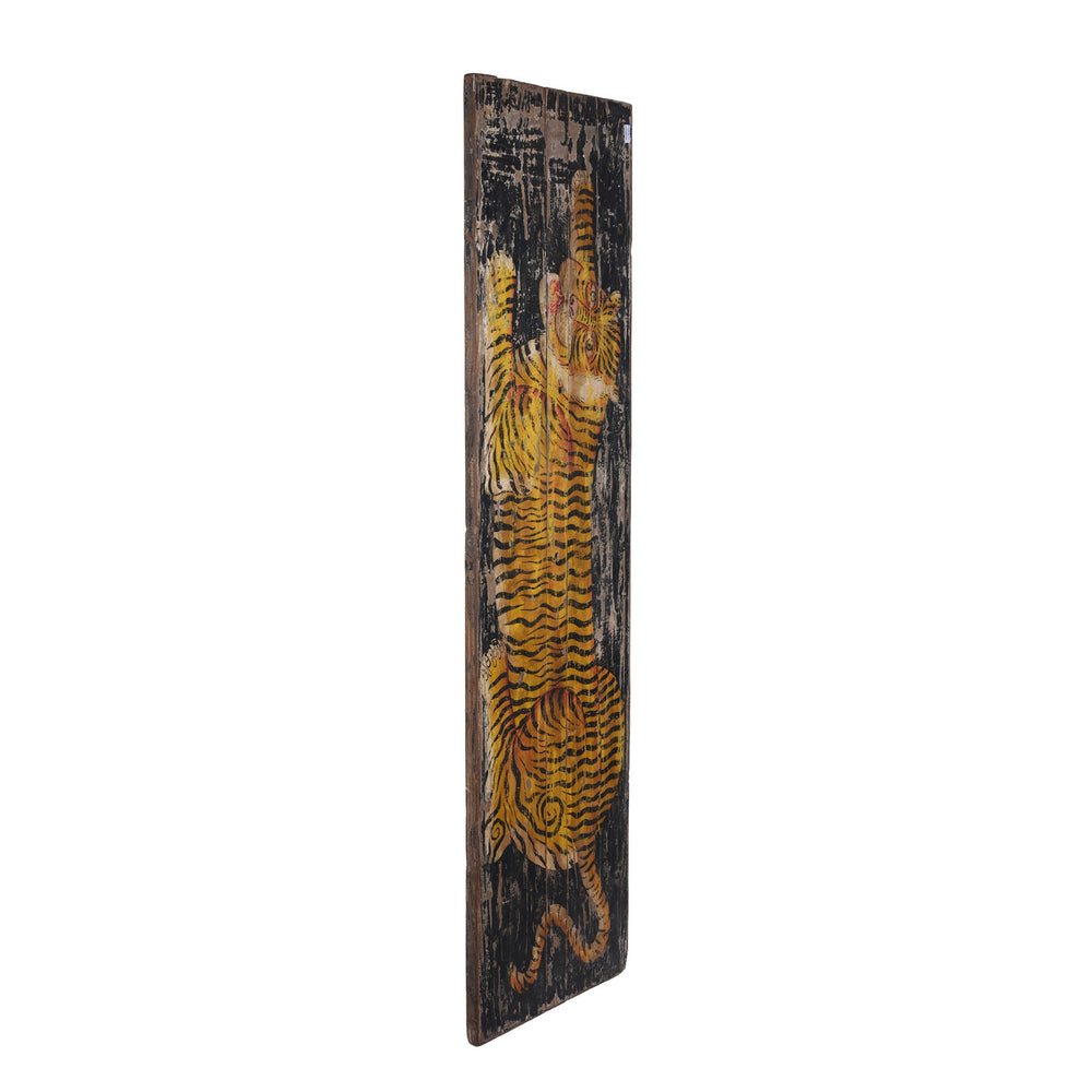 Angled View Of Painted Indian Tiger Panel On Reclaimed Door From Madhya Pradesh