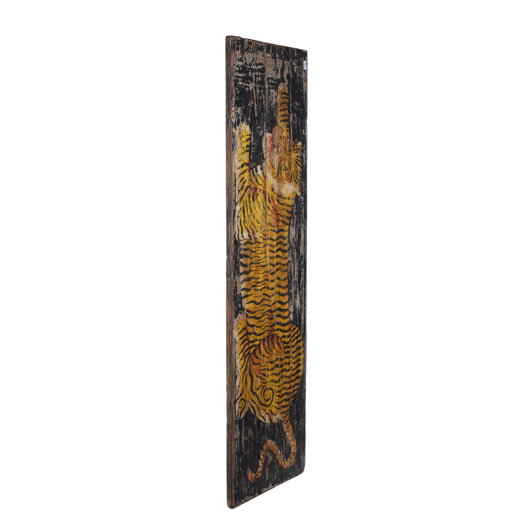 Angled View Of Painted Indian Tiger Panel On Reclaimed Door From Madhya Pradesh