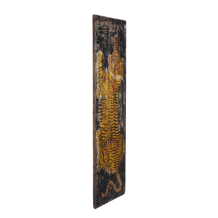 Angled View Of Painted Indian Tiger Panel On Reclaimed Door From Madhya Pradesh