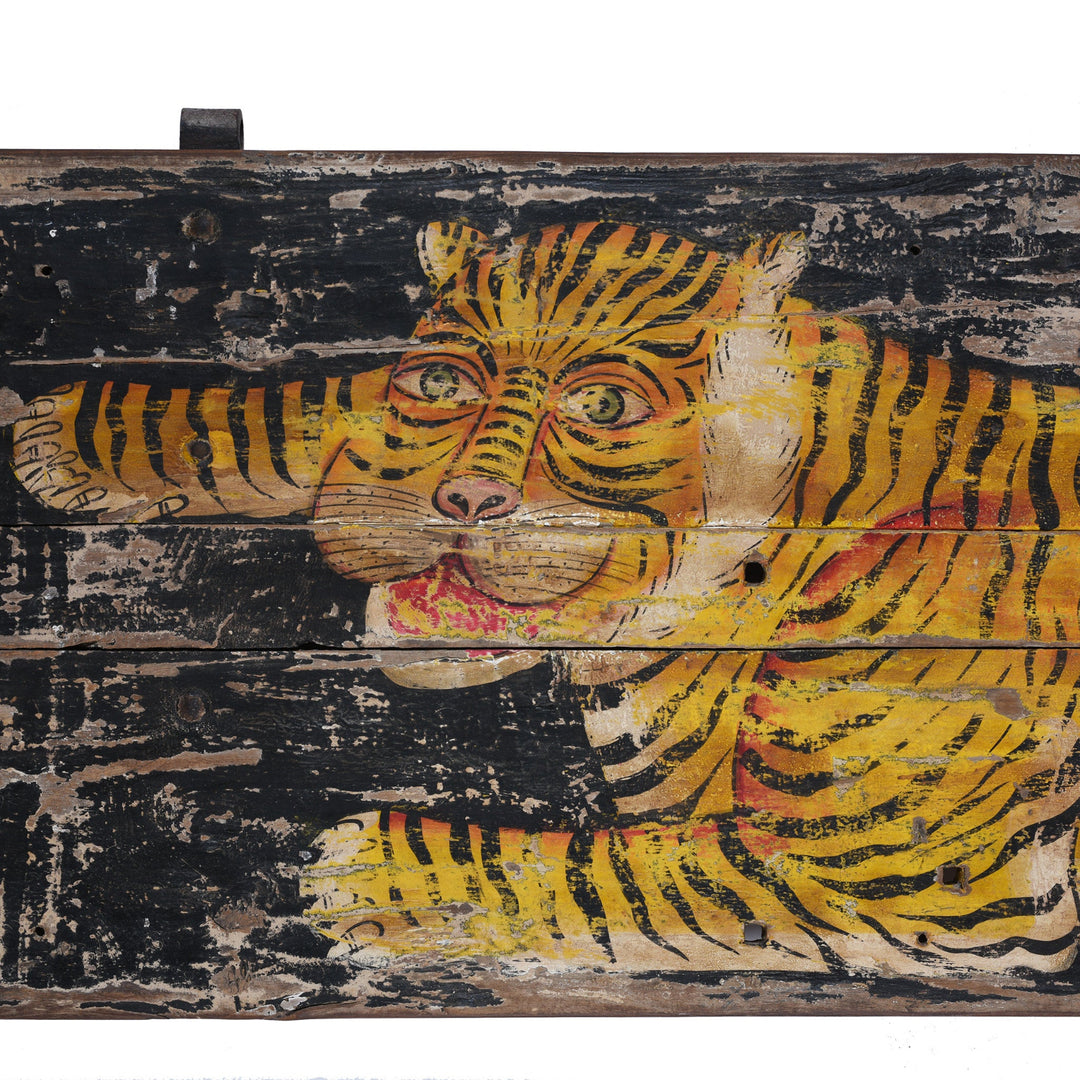 Face Detail From Painted Indian Tiger Panel On Reclaimed Door From Madhya Pradesh