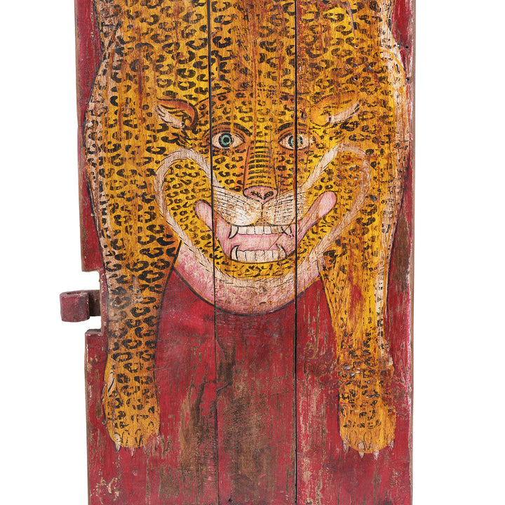 Face Detail From Vintage Red Painted Leopard Panel | INDIGO ANTIQUES