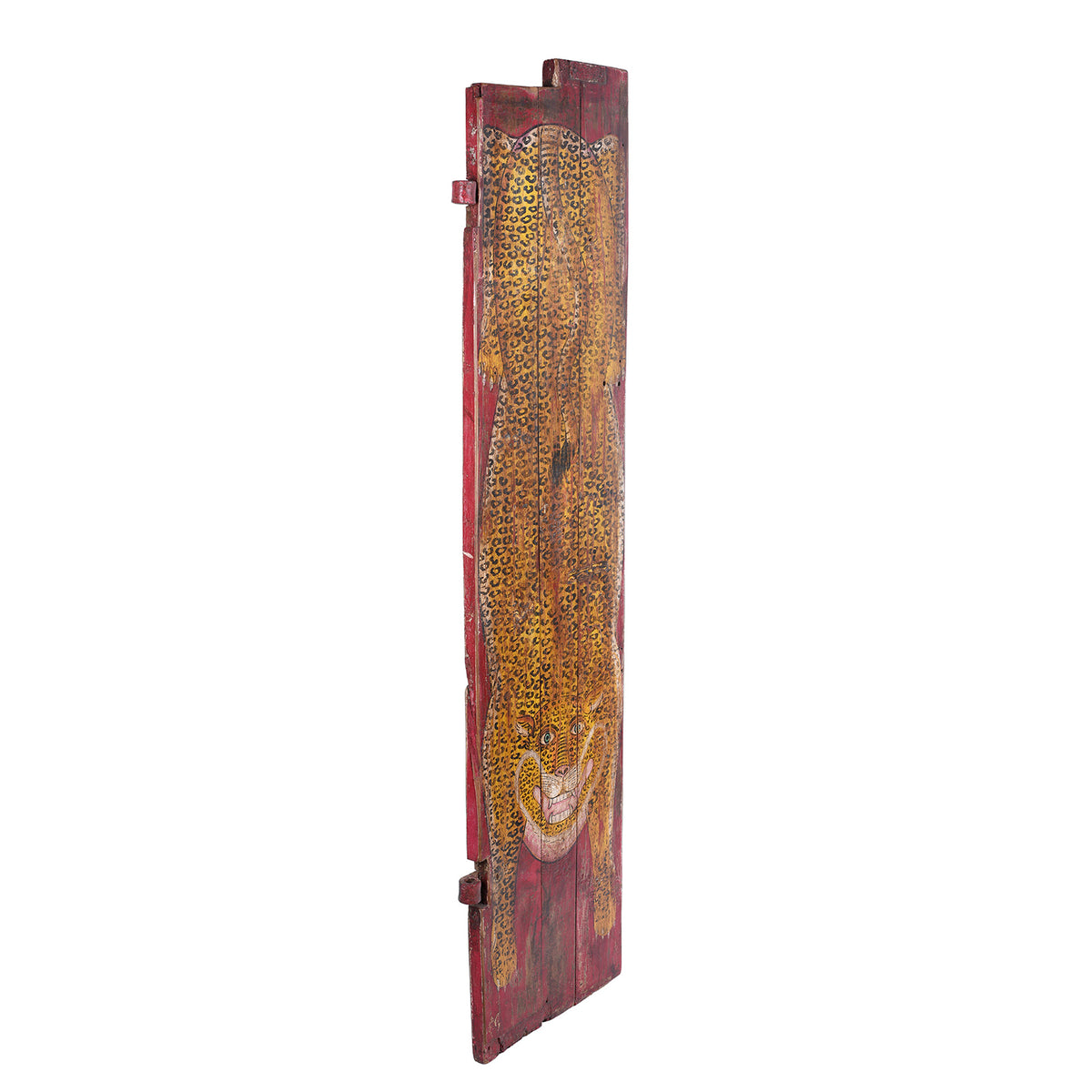 Angled View Of Vintage Red Painted Leopard Panel | INDIGO ANTIQUES