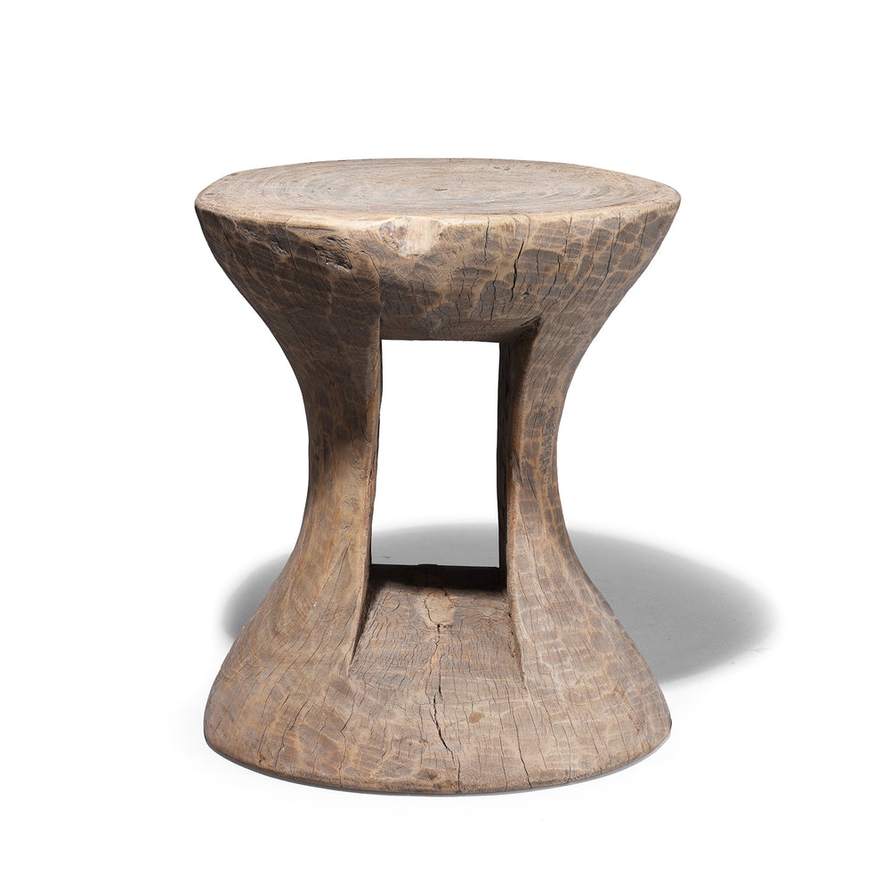 Vintage Bleached Himachal Hand Carved Wooden Stool With Adze Marks And Sculptural Form