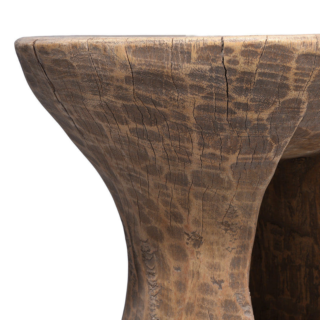 Detail From The Surface Of Vintage Bleached Himachal Hand Carved Wooden Stool With Adze Marks And Sculptural Form