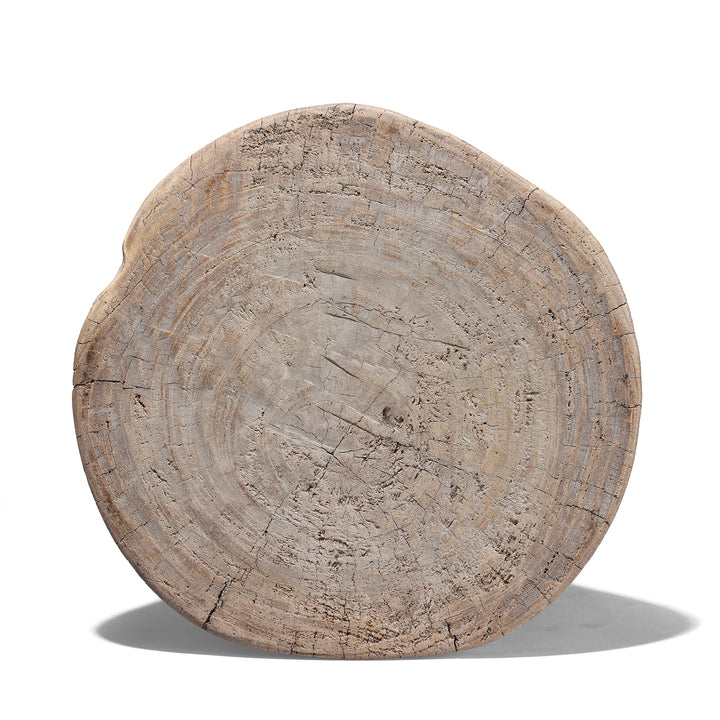 Top Down View Of Vintage Bleached Himachal Hand Carved Wooden Stool With Adze Marks And Sculptural Form