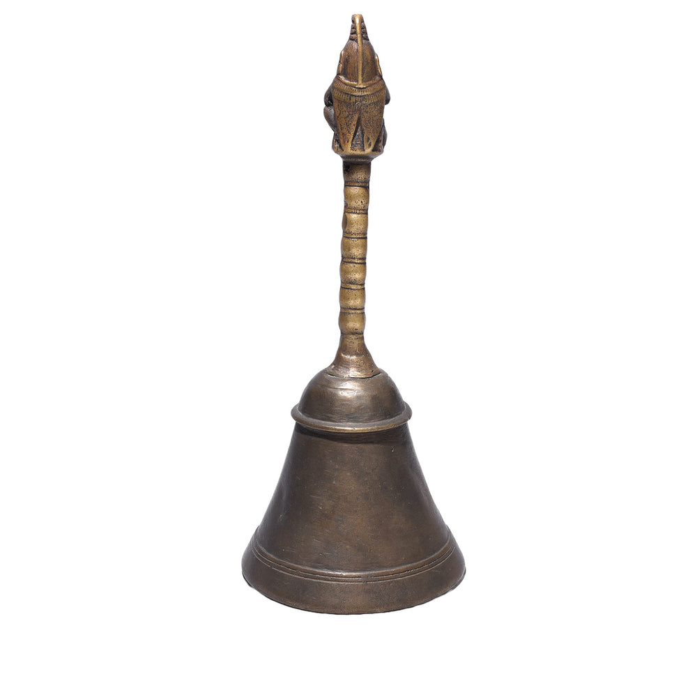 Back Of Antique Indian Brass Puja Bell With Devotional Figure Finial Nineteenth Century | Indigo Antiques