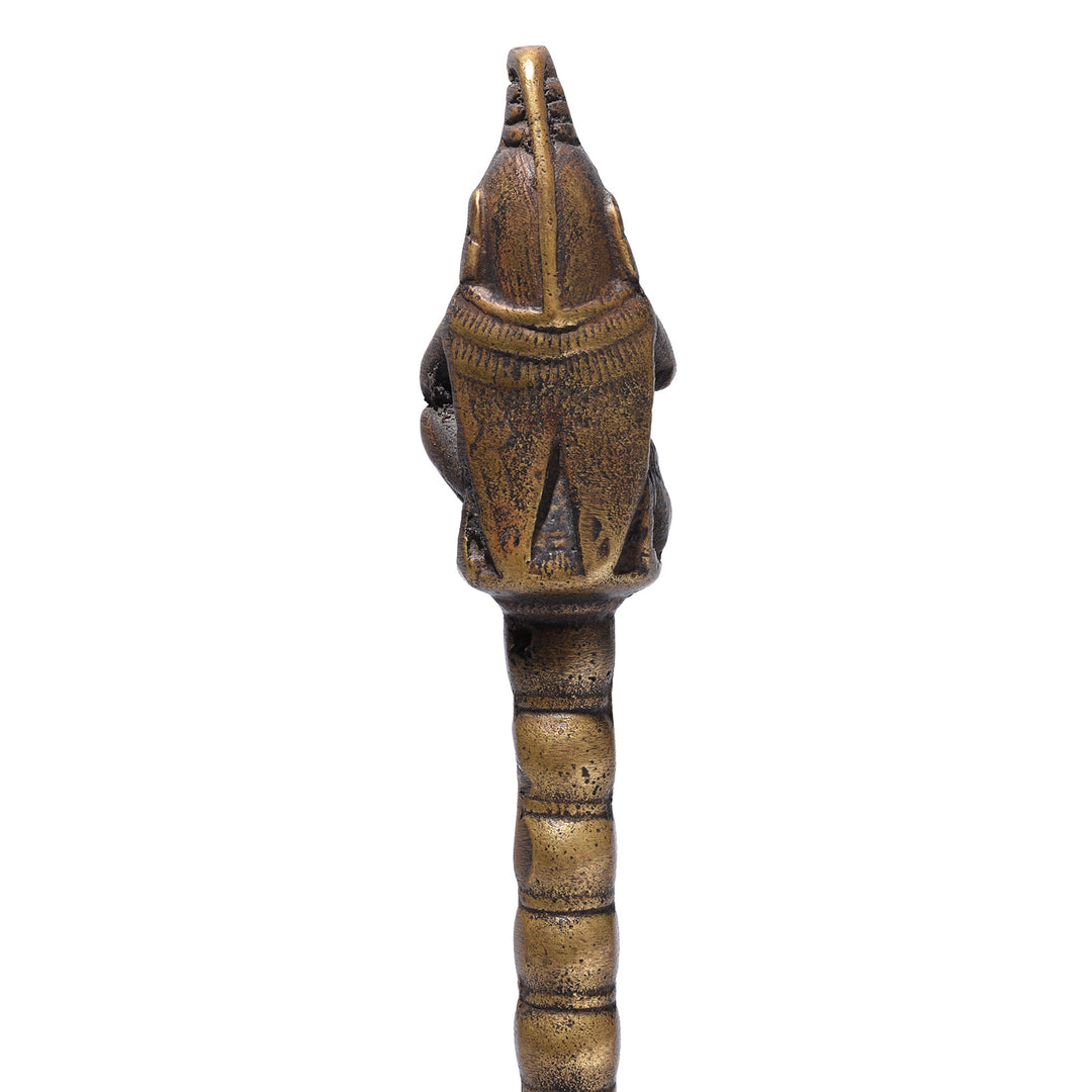 Detail From Back Of Antique Indian Brass Puja Bell With Devotional Figure Finial Nineteenth Century | Indigo Antiques