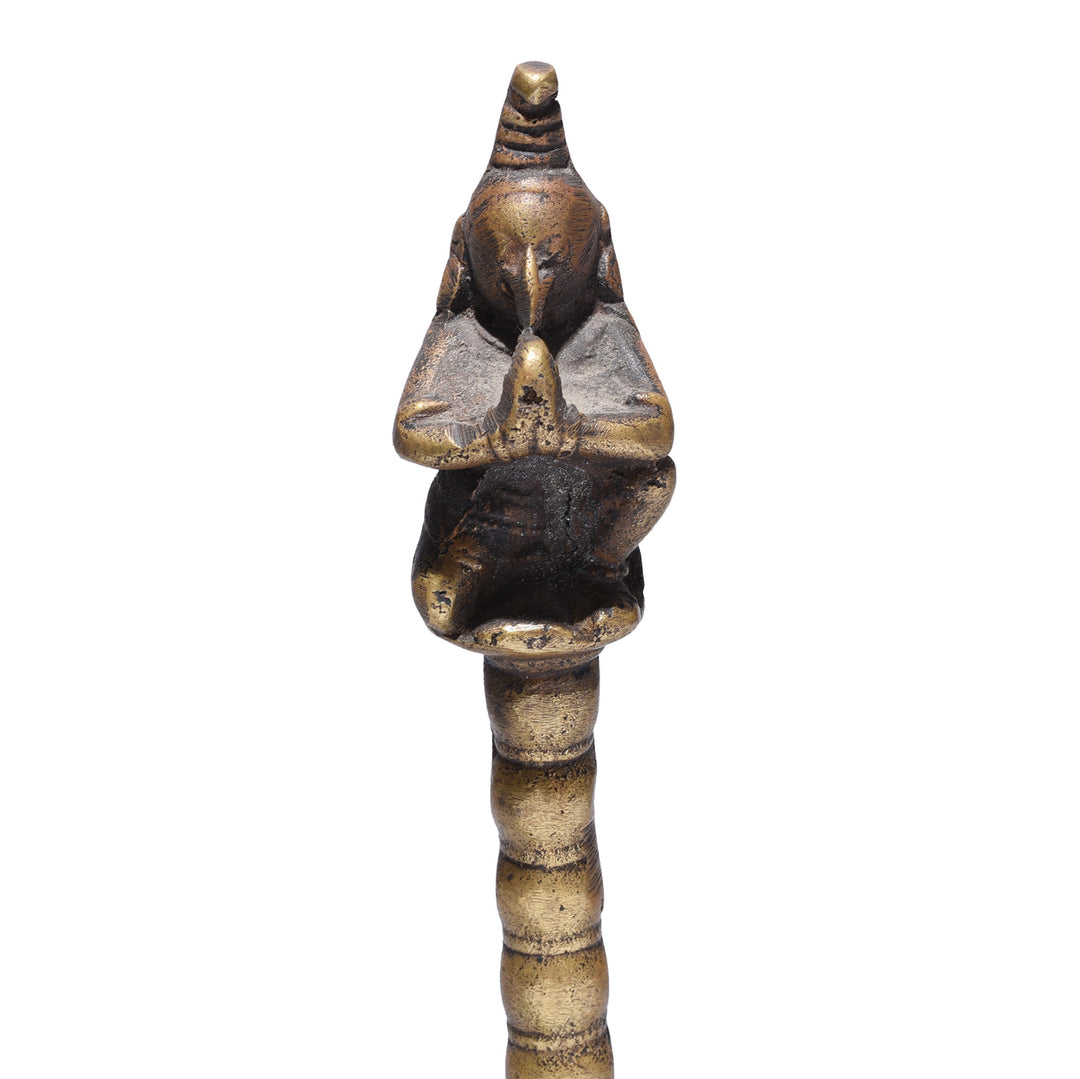 Front Detail From Antique Indian Brass Puja Bell With Devotional Figure Finial Nineteenth Century | Indigo Antiques