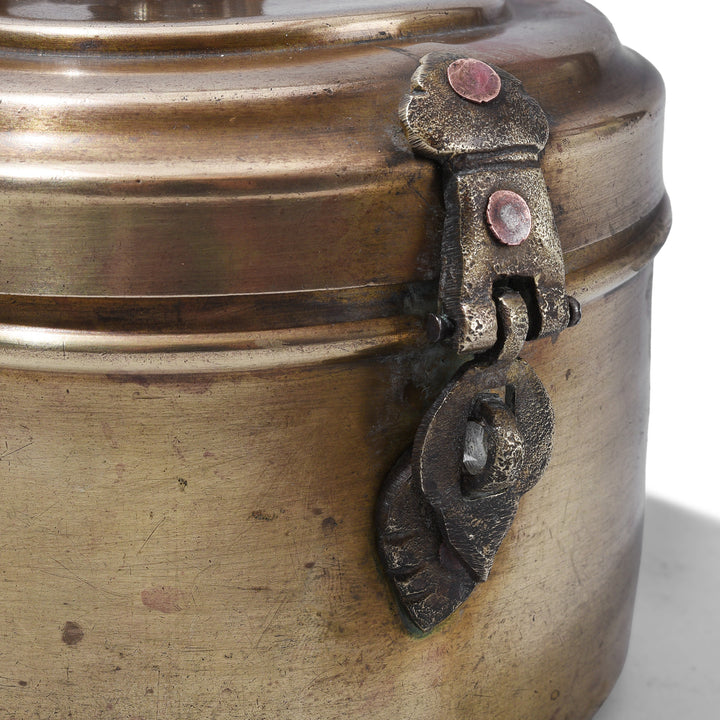 Clasp Detail From Small Indian Brass Chapati Box With Ring Handle And Decorative Clasp Circa 1930s Vintage Kitchen Storage Container