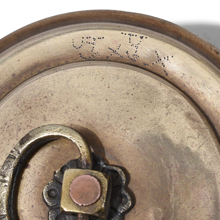 Script Detail From Small Indian Brass Chapati Box With Ring Handle And Decorative Clasp Circa 1930s Vintage Kitchen Storage Container
