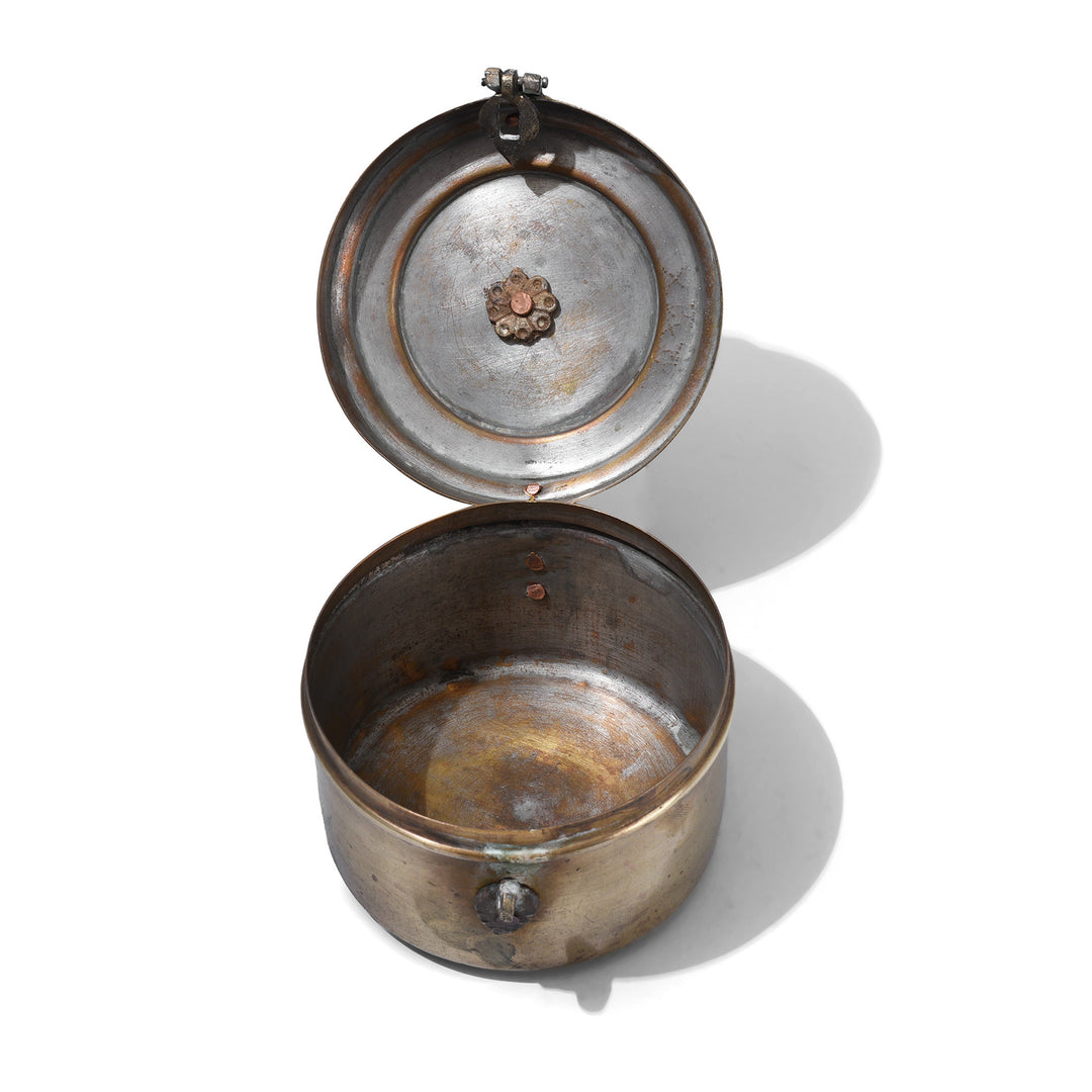 Interior Of Small Indian Brass Chapati Box With Ring Handle And Decorative Clasp Circa 1930s Vintage Kitchen Storage Container