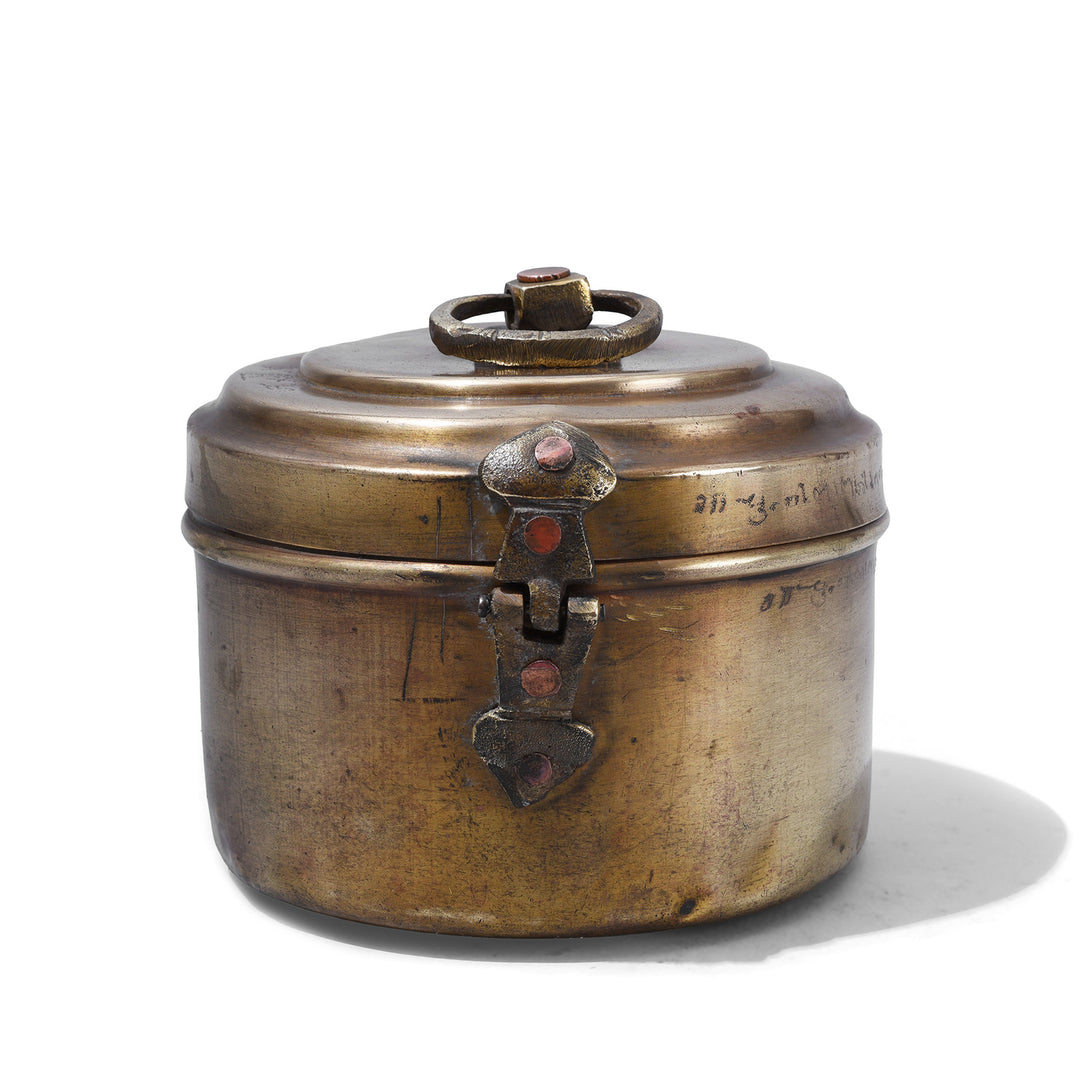 Back Of Small Indian Brass Chapati Box With Ring Handle And Decorative Clasp Circa 1930s Vintage Kitchen Storage Container