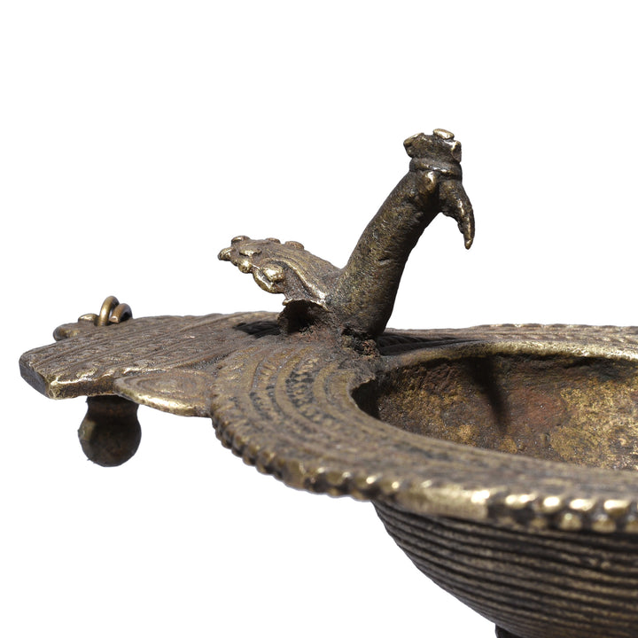 Peacock Detail From Antique Indian Dhokra Work Oil Lamp | Indigo Antiques