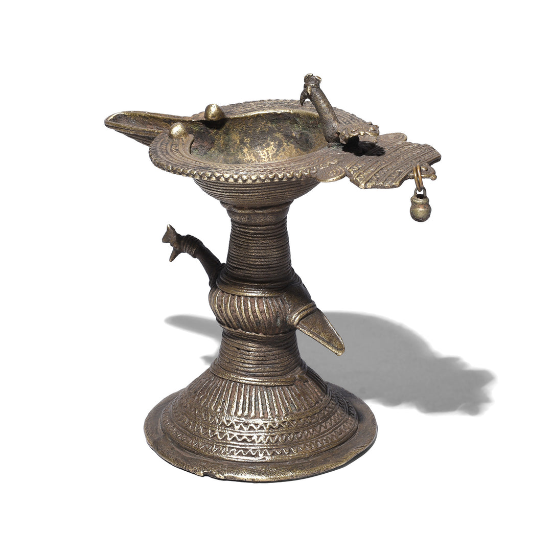 Rear View Of Antique Indian Dhokra Work Oil Lamp | Indigo Antiques