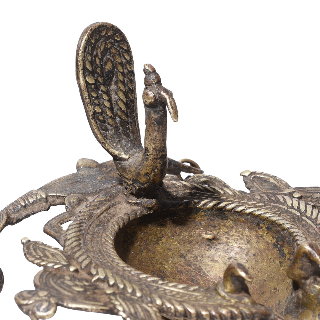 Peacock Detail From Antique Indian Brass Dhokra Work Oil Lamp From Chhattisgarh