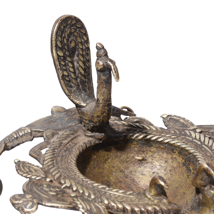 Peacock Detail From Antique Indian Brass Dhokra Work Oil Lamp From Chhattisgarh