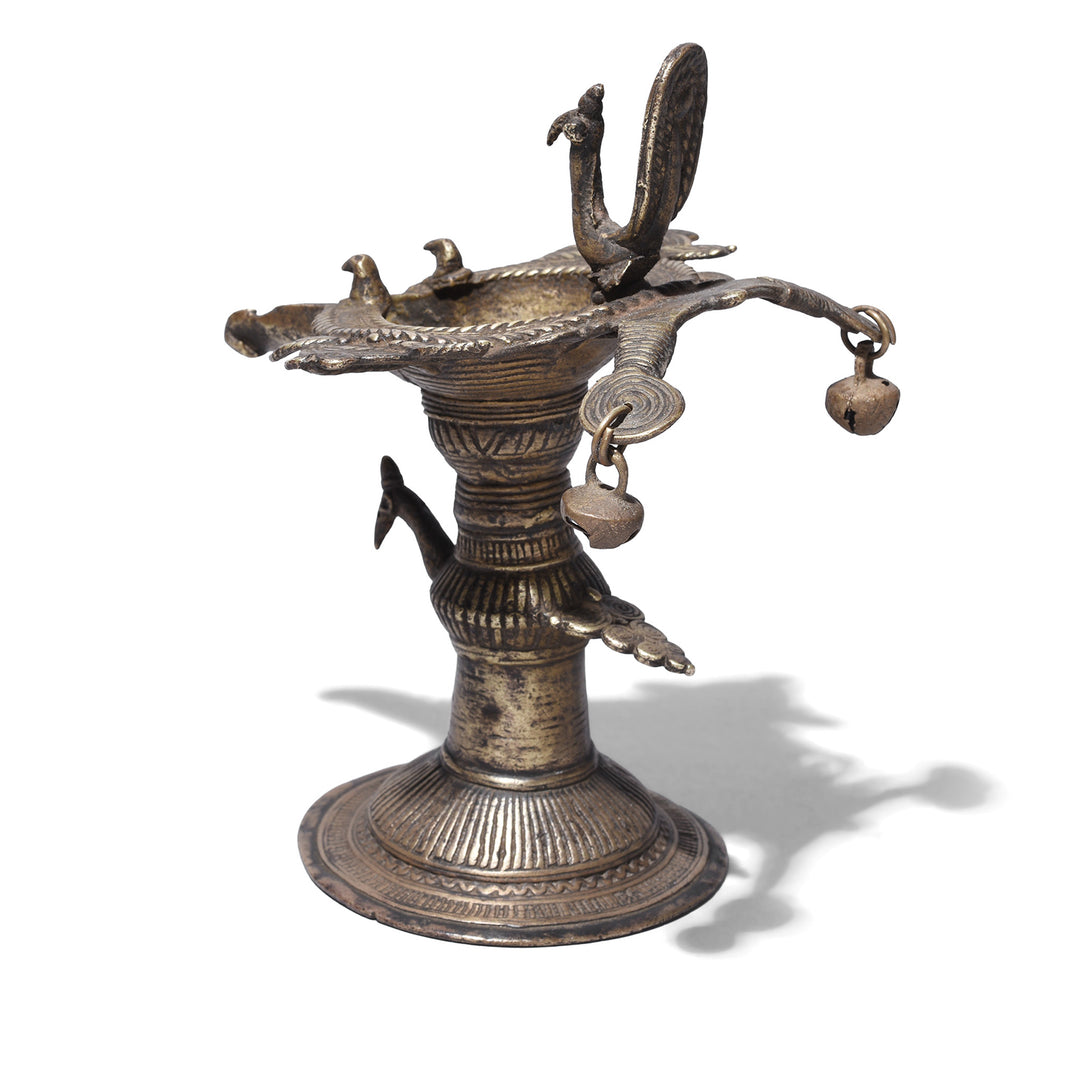 Rear View Of Antique Indian Brass Dhokra Work Oil Lamp From Chhattisgarh