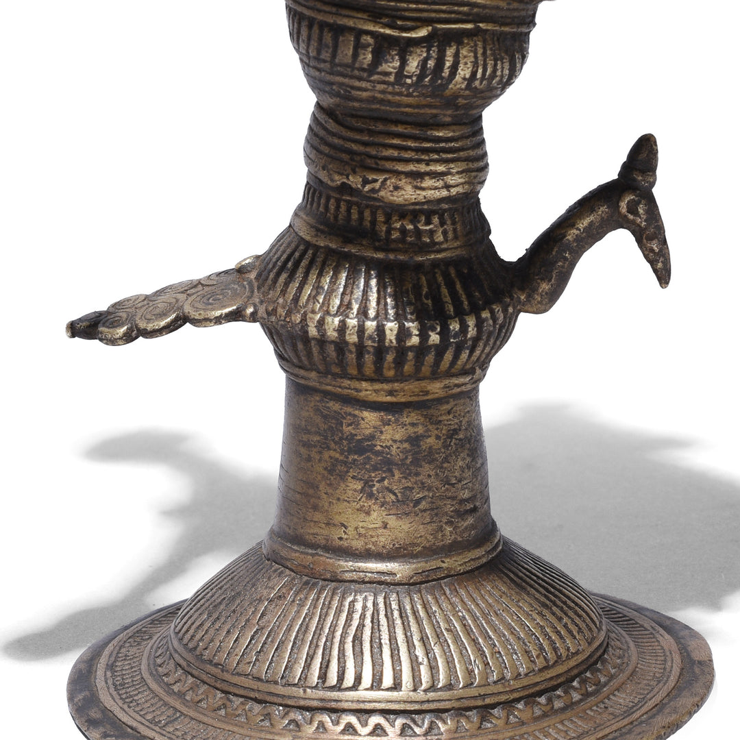 Peacock Detail From Antique Indian Brass Dhokra Work Oil Lamp From Chhattisgarh
