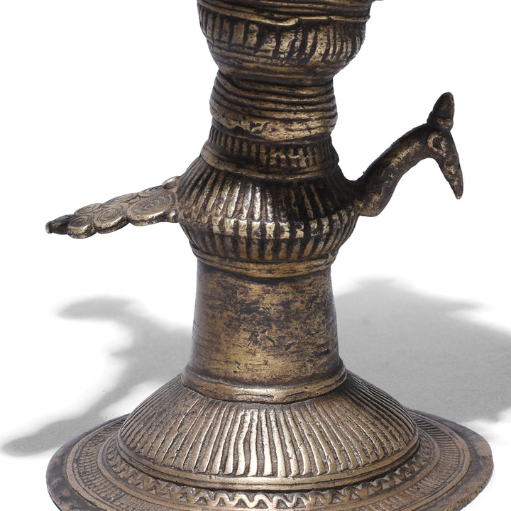 Peacock Detail From Antique Indian Brass Dhokra Work Oil Lamp From Chhattisgarh