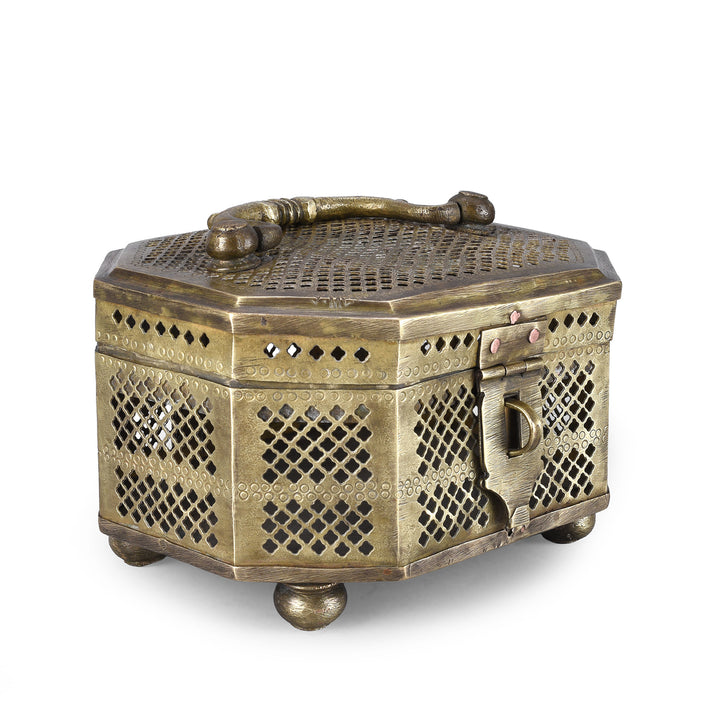 Angled View Of Antique Indian Brass Jali Work Paan Box