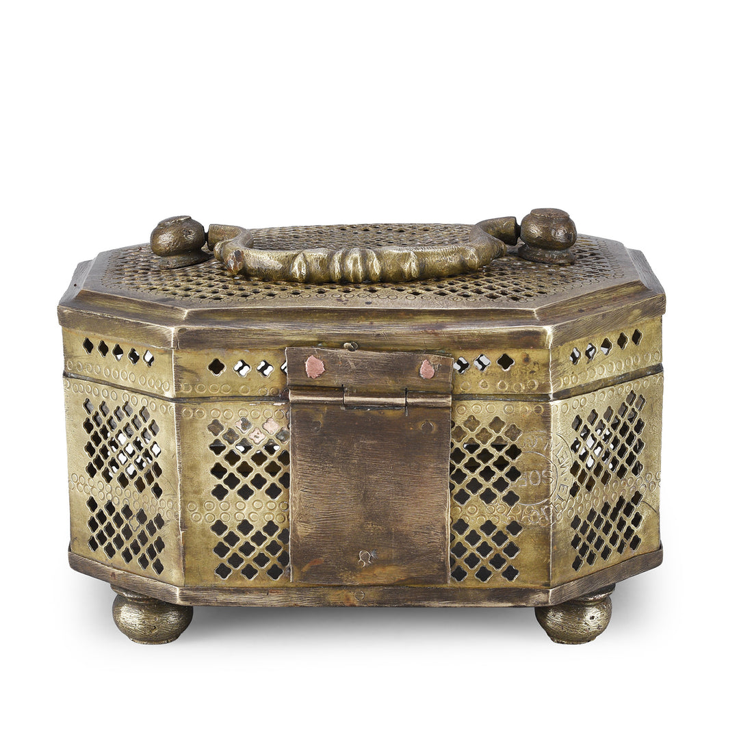 Rear View Of Antique Indian Brass Jali Work Paan Box