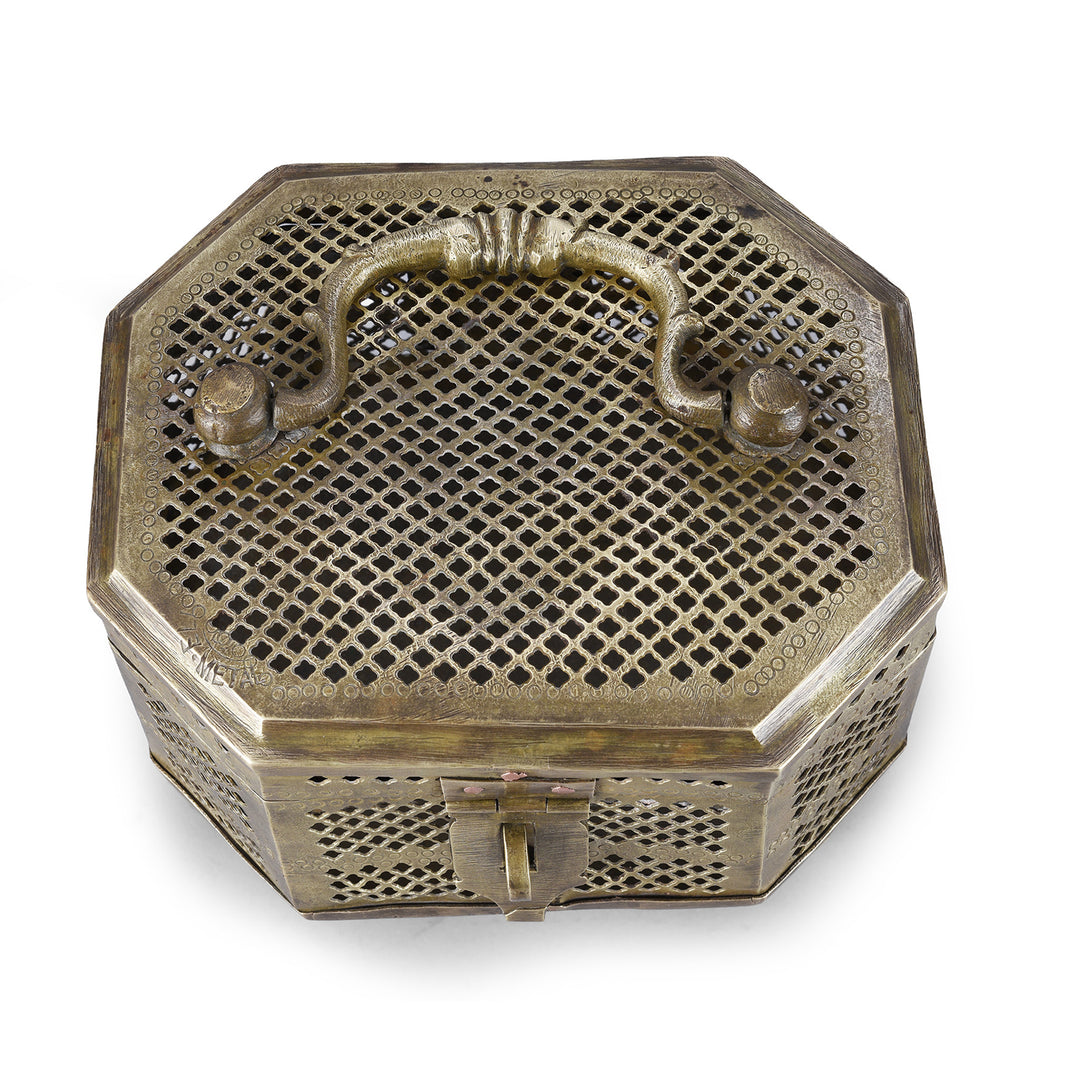 Top Down View Of Antique Indian Brass Jali Work Paan Box
