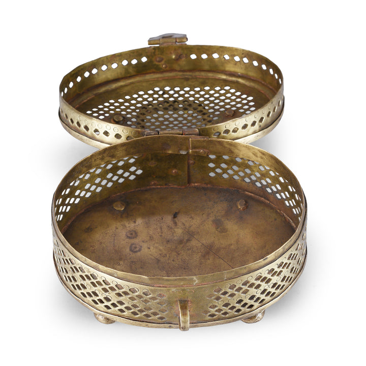 Interior Of Antique Oval Brass Jali Paandan Box With Pierced Lattice Decoration Hinged Lid Carrying Handle And Decorative Clasp India Circa 1920 | Indigo Antiques