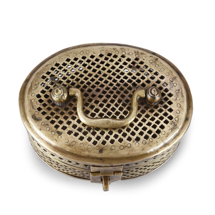 Top Down View Of Antique Oval Brass Jali Paandan Box With Pierced Lattice Decoration Hinged Lid Carrying Handle And Decorative Clasp India Circa 1920 | Indigo Antiques