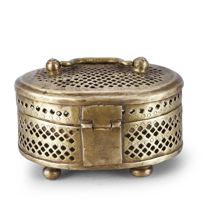 Rear View Of Antique Oval Brass Jali Paandan Box With Pierced Lattice Decoration Hinged Lid Carrying Handle And Decorative Clasp India Circa 1920 | Indigo Antiques