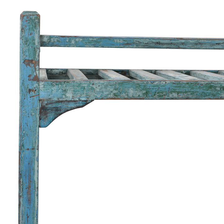Corner Detail From Angled View Of Vintage Painted Indian Teak Shelf - Ca 1940 | Indigo Antiques