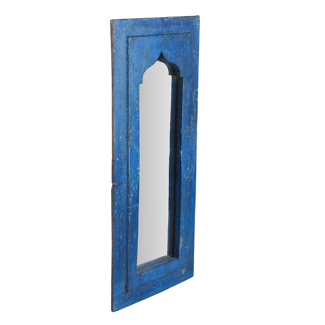 Angled View Of Indian Blue Painted Mihrab Mirror | Indigo Antiques
